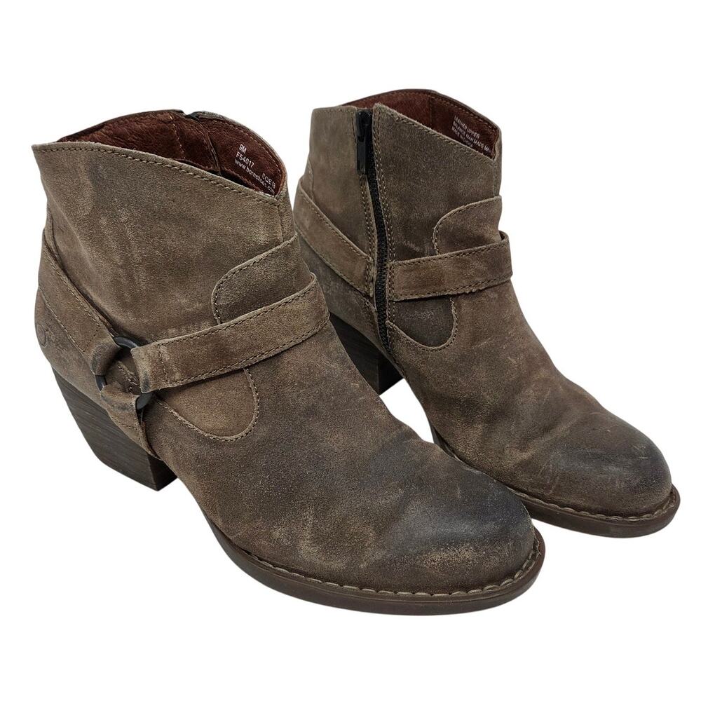 Born Brown Suede Leather Side Zip Carmel Harness Western Ankle Boots Size 9 M